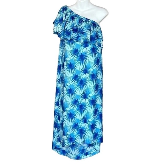 Vineyard Vines Electric Palm One Shoulder Ruffle High Low Dress Aqua NWT - Picture 3 of 13